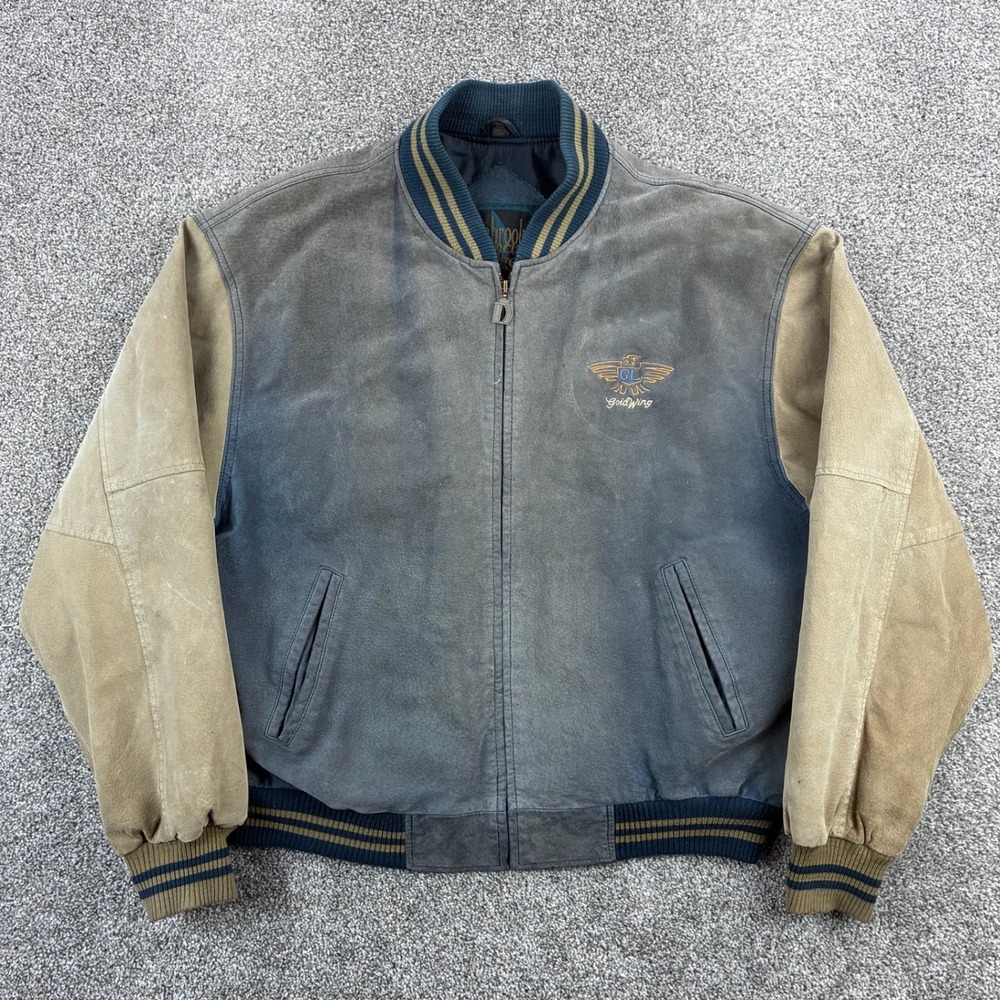 Vintage Honda GoldWing Varsity Jacket Mens XL  Blue Tan Suede Leather Bomber